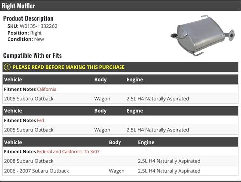 Right Passenger Side Muffler - Compatible with 2005-2008 Subaru Outback Wagon 2.5L H4 Naturally Aspirated (Fits Up To 3/2007) in Saudi Arabia
