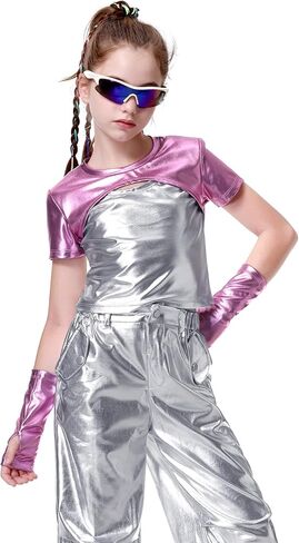 LOLANTA Girls Metallic Shirts with Arm Sleeves Slim Fit Stretchy Shiny Fake Two Piece Hip Hop Dance Top Festivals Party in Saudi Arabia