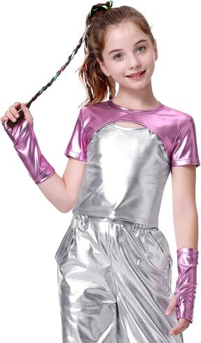 LOLANTA Girls Metallic Shirts with Arm Sleeves Slim Fit Stretchy Shiny Fake Two Piece Hip Hop Dance Top Festivals Party in Saudi Arabia