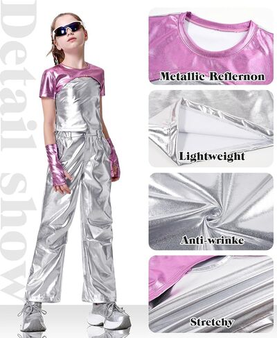LOLANTA Girls Metallic Shirts with Arm Sleeves Slim Fit Stretchy Shiny Fake Two Piece Hip Hop Dance Top Festivals Party in Saudi Arabia