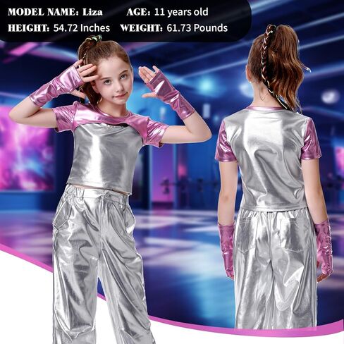 LOLANTA Girls Metallic Shirts with Arm Sleeves Slim Fit Stretchy Shiny Fake Two Piece Hip Hop Dance Top Festivals Party in Saudi Arabia