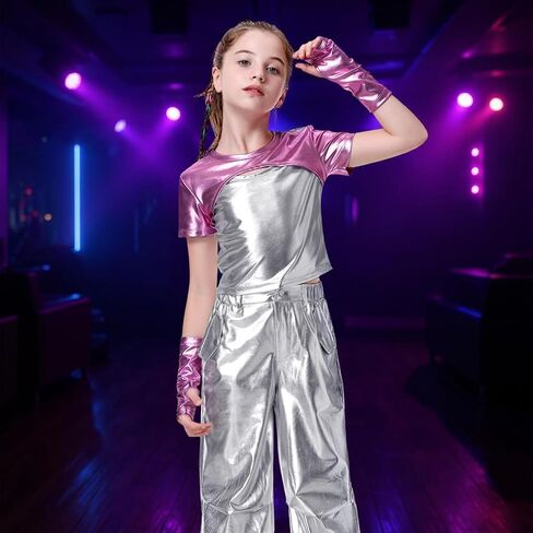 LOLANTA Girls Metallic Shirts with Arm Sleeves Slim Fit Stretchy Shiny Fake Two Piece Hip Hop Dance Top Festivals Party in Saudi Arabia