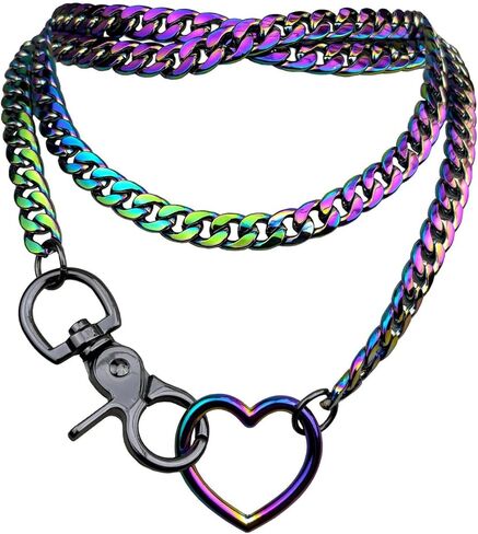 Slip Chain Rainbow Chunky Necklace for Women, Heart Cuban Long Layered Jewelry, Adjustable Thick Collar Necklace Heart Loop Choker in Kuwait