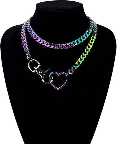 Slip Chain Rainbow Chunky Necklace for Women, Heart Cuban Long Layered Jewelry, Adjustable Thick Collar Necklace Heart Loop Choker in Kuwait