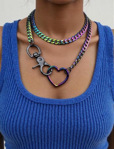 Slip Chain Rainbow Chunky Necklace for Women, Heart Cuban Long Layered Jewelry, Adjustable Thick Collar Necklace Heart Loop Choker in Kuwait