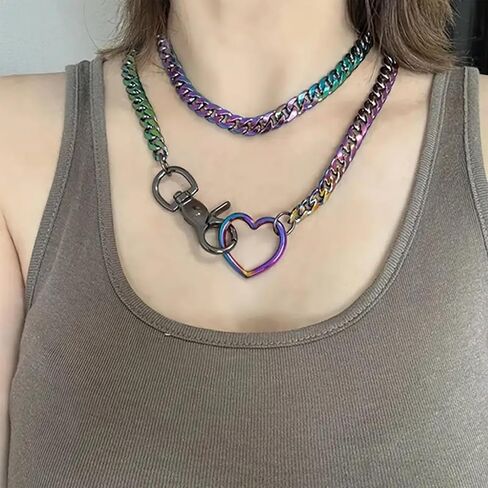 Slip Chain Rainbow Chunky Necklace for Women, Heart Cuban Long Layered Jewelry, Adjustable Thick Collar Necklace Heart Loop Choker in Kuwait