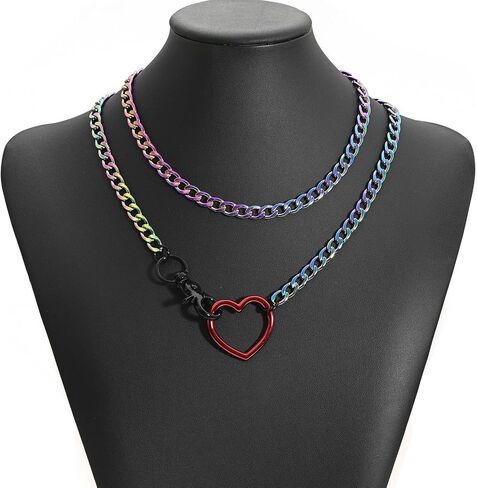 Slip Chain Rainbow Chunky Necklace for Women, Heart Cuban Long Layered Jewelry, Adjustable Thick Collar Necklace Heart Loop Choker in Kuwait