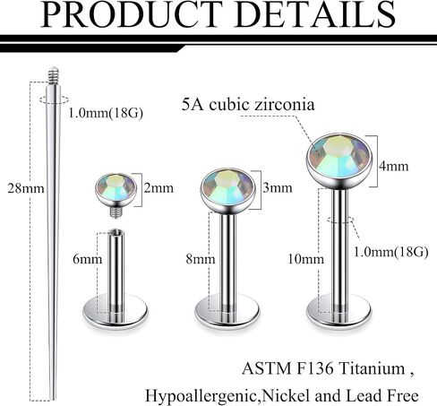Ruifan Titanium Flat Back Lip Rings خارجيًا على الأقسام الخيطية أزرار أنف Rings 20g 18g 16g مرصعة بالجواهر جولة Cz Tragus الفص Rook Helix Conch Labret Medusa Percing Jewelry for Women Men Men in Saudi Arabia