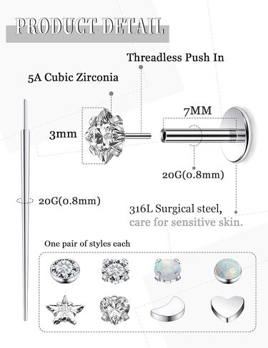20G 18G 16G Threadless Flat Back Earrings Nose Rings Studs Surgical Stainless Steel Opal CZ Nose Rings Stud Tragus Helix Conch Cartilage Earrings Piercing Jewelry For Women Men Hypoallergenic in Saudi Arabia