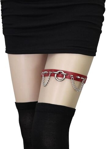 2PCs Adjustable Studded O-ring Leg Garter, Elastic Punk Thigh Garters with Chains for Women Parties, Black in Saudi Arabia