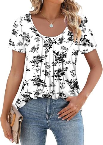 onlypuff Womens Flowy Tunic Tops Short Sleeve Shirts Round Neck Ladies Blouses Summer Fashon Trendy Top in Kuwait