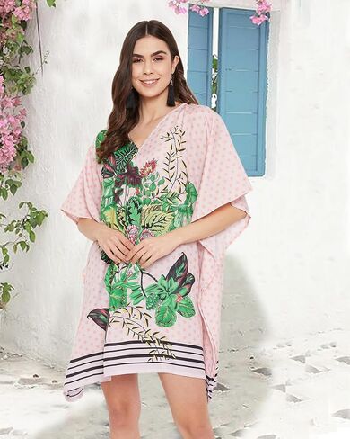 OUSSUM القصير القصير للنساء بالإضافة إلى الحجم KAFTAN TUNIC TOPS POLYESTER Summer Beach Clothing Mini Cover Ups Dress للسيدات in Kuwait
