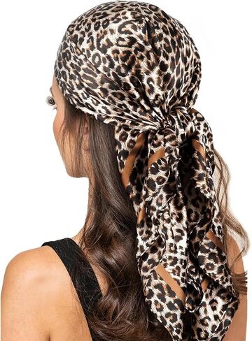 35 Inch Leopard Print Silk Head Scarf for Women Satin Hair Neck Scarf Wrap Large Lightweight Bandana in Kuwait