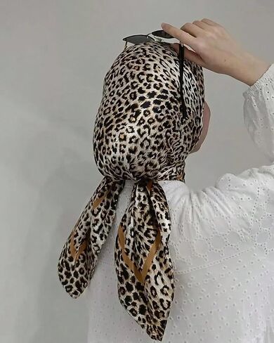 35 Inch Leopard Print Silk Head Scarf for Women Satin Hair Neck Scarf Wrap Large Lightweight Bandana in Kuwait