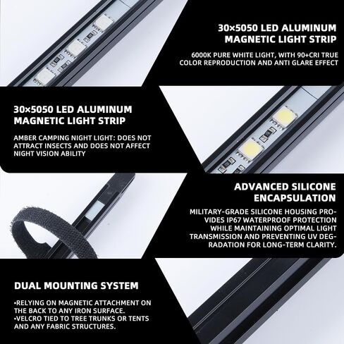 طقم شريط LED LED 12V ، 2 بارز أبيض و 2 بارز ، مصابيح التخييم القابلة للتعديل ، العنبر ، IP67 مقاوم للماء ، Magnetic & Velcro ، إضاءة محمولة للخيمة ، السيارة ، مقطورة ، قارب ، شاحنة ، على الطرق الوعرة in Kuwait