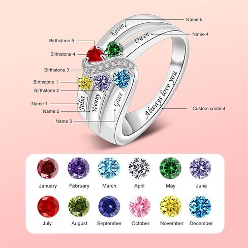 رواتب الأمهات الفضيات الاسترليني مع حلقة Birthstones للنساء حلقات شخصية مع اسم العائلة خاتم مخصص لأمي جدة نانا in Kuwait