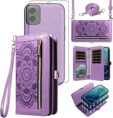 Asuwish Phone Case for Motorola Moto G 5G 2024 Zipper Wallet Magnetic Detachable Cell Cover with Tempered Glass Screen Protector Crossbody Strap Mandala Flower Card Holder G5G 5 G G5 Women Rose Gold in Saudi Arabia