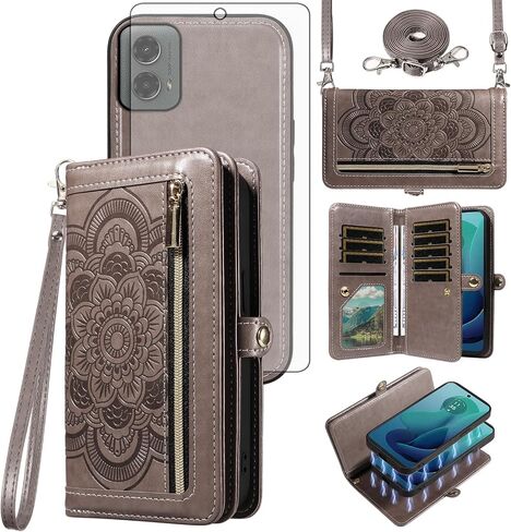 Asuwish Phone Case for Motorola Moto G 5G 2024 Zipper Wallet Magnetic Detachable Cell Cover with Tempered Glass Screen Protector Crossbody Strap Mandala Flower Card Holder G5G 5 G G5 Women Rose Gold in Saudi Arabia