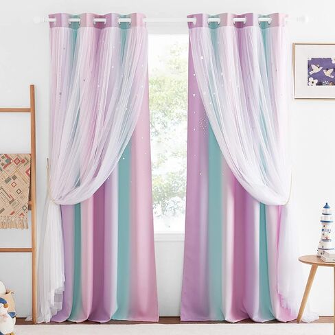 NICETOWN Moon Star Curtains for Girls Bedroom Kids Blackout Decor Light Blocking Sheer Overlay Princess Curtains Rainbow Striped Layered Window Curtains, 1 Panel, 52W x 84L, Purple Blue Pink in Saudi Arabia