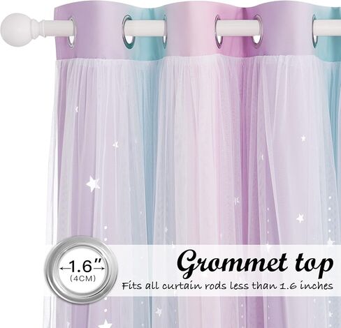 NICETOWN Moon Star Curtains for Girls Bedroom Kids Blackout Decor Light Blocking Sheer Overlay Princess Curtains Rainbow Striped Layered Window Curtains, 1 Panel, 52W x 84L, Purple Blue Pink in Saudi Arabia