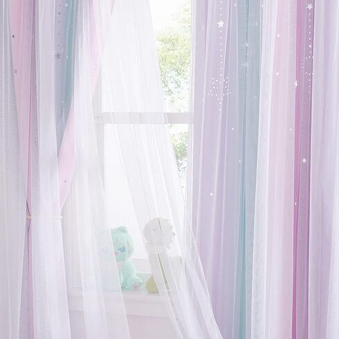 NICETOWN Moon Star Curtains for Girls Bedroom Kids Blackout Decor Light Blocking Sheer Overlay Princess Curtains Rainbow Striped Layered Window Curtains, 1 Panel, 52W x 84L, Purple Blue Pink in Saudi Arabia