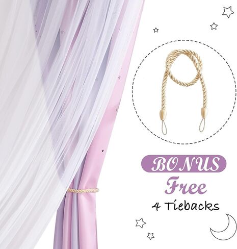 NICETOWN Moon Star Curtains for Girls Bedroom Kids Blackout Decor Light Blocking Sheer Overlay Princess Curtains Rainbow Striped Layered Window Curtains, 1 Panel, 52W x 84L, Purple Blue Pink in Saudi Arabia