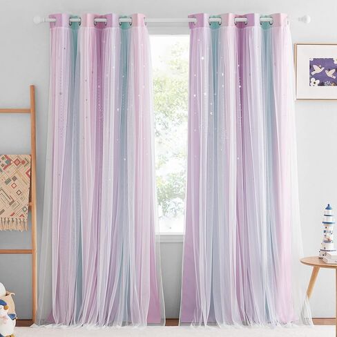 NICETOWN Moon Star Curtains for Girls Bedroom Kids Blackout Decor Light Blocking Sheer Overlay Princess Curtains Rainbow Striped Layered Window Curtains, 1 Panel, 52W x 84L, Purple Blue Pink in Saudi Arabia