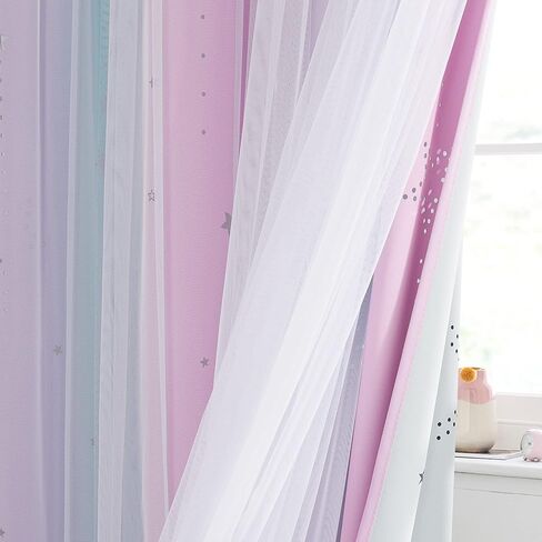 NICETOWN Moon Star Curtains for Girls Bedroom Kids Blackout Decor Light Blocking Sheer Overlay Princess Curtains Rainbow Striped Layered Window Curtains, 1 Panel, 52W x 84L, Purple Blue Pink in Saudi Arabia