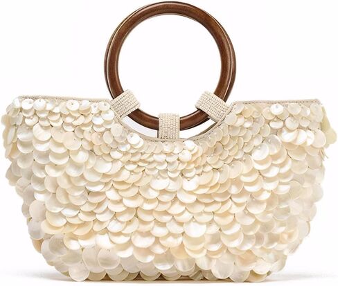 Elegant Beaded Seashell Clutch Bag for Women, Summer Beach Wedding Purse with Detachable Chain, Handmade Pearl Evening Bag, Vacation Accessory in Saudi Arabia