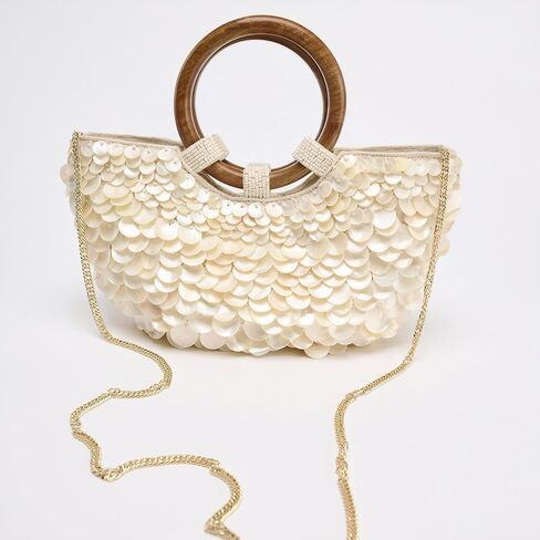Elegant Beaded Seashell Clutch Bag for Women, Summer Beach Wedding Purse with Detachable Chain, Handmade Pearl Evening Bag, Vacation Accessory in Saudi Arabia