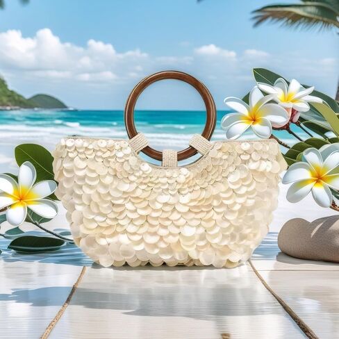 Elegant Beaded Seashell Clutch Bag for Women, Summer Beach Wedding Purse with Detachable Chain, Handmade Pearl Evening Bag, Vacation Accessory in Saudi Arabia