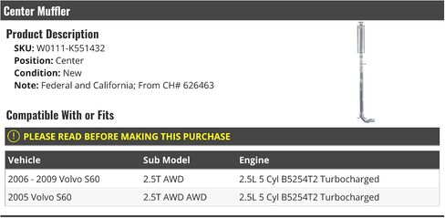 Center Exhaust Muffler - Compatible with 2005-2009 Volvo S60 2.5L 5-Cylinder B5254T2 Turbo in Saudi Arabia