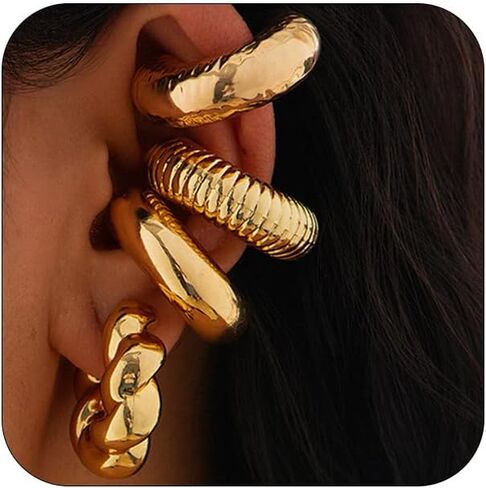 4pcs مكتنزة الذهب الأقراط أذن كبيرة للنساء ، مقطع غير ثقب ، فضية غير مثقبة ، غلاف كبير ، غلاف كبير ، هد in Saudi Arabia