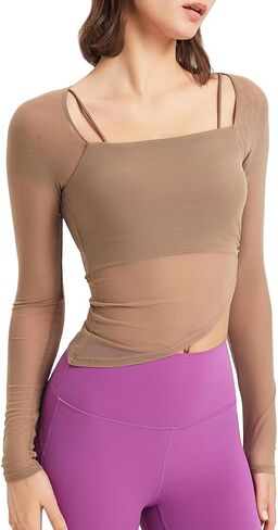 Harssidanzar Tops Long Sleeve Tops للنساء قمصان اليوغا Mesh Gym Tops الرياضية مع حمالة الصدر الرياضية CL308US in Kuwait