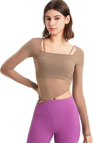 Harssidanzar Tops Long Sleeve Tops للنساء قمصان اليوغا Mesh Gym Tops الرياضية مع حمالة الصدر الرياضية CL308US in Kuwait