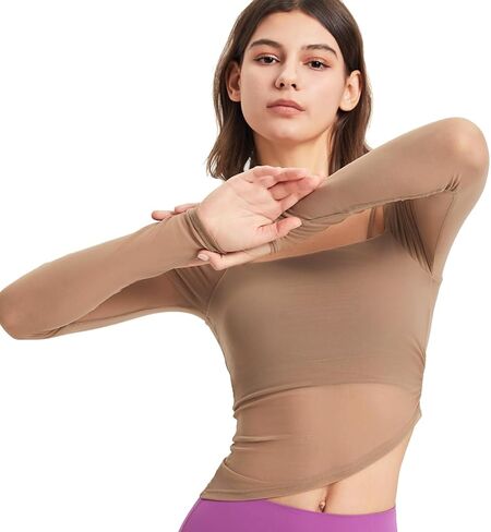 Harssidanzar Tops Long Sleeve Tops للنساء قمصان اليوغا Mesh Gym Tops الرياضية مع حمالة الصدر الرياضية CL308US in Kuwait
