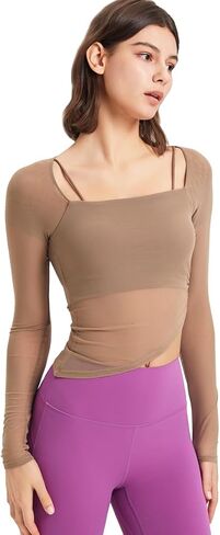 Harssidanzar Tops Long Sleeve Tops للنساء قمصان اليوغا Mesh Gym Tops الرياضية مع حمالة الصدر الرياضية CL308US in Kuwait