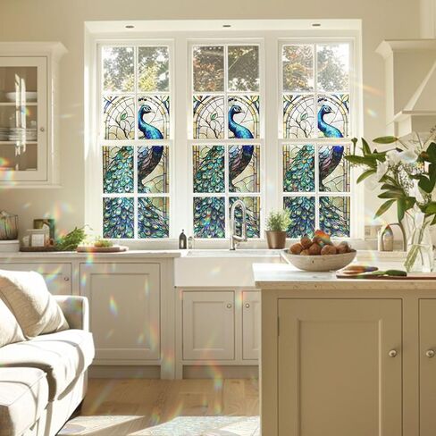 Peacock Stained Glass Window Film, Decorative Peacock Stained Glass Window Film, Peacock Stained Glass Window Film for Bathroom Shower Door Heat Anti UV in Saudi Arabia