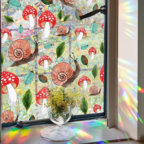 GORGECRAFT 39.4x17 Inch Colorful Mushroom Rainbow Window Privacy Film Snail 3D Stained Window Glass Covering Decorative Window Cling Non-Adhesive Static UV Resistant Decals Sticker for Room Home in Saudi Arabia