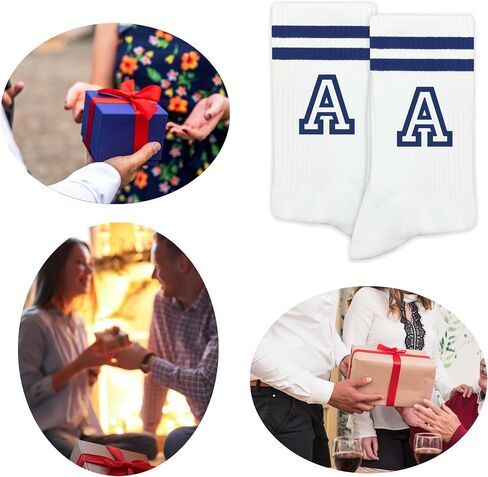 Striped Initial Socks with the Letter in Navy Blue, Socks for Adult, Teens, Men&Women Socks, Gifts for Friends, Family, etc. in Saudi Arabia