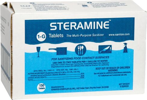 6 x Steramine Quaternary Sanitizing Tablets, Sanitizing Food Contact Surfaces, Kills E-Coli; HIV; Listeria, Model 1-G, 150 Sanitizer Tablets per Bottle, Blue, Pack of 6 Bottles in Saudi Arabia