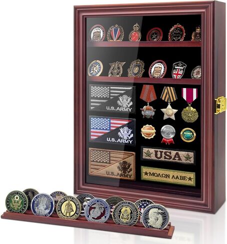 Medals Display Case Wall Frame for Collector, Military Challenge Coins Holder, Military Pins, Lockable Shadow Box with Removable Shelves Red in Saudi Arabia