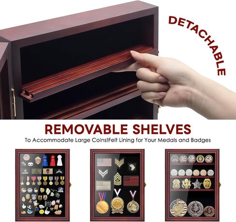 Medals Display Case Wall Frame for Collector, Military Challenge Coins Holder, Military Pins, Lockable Shadow Box with Removable Shelves Red in Saudi Arabia