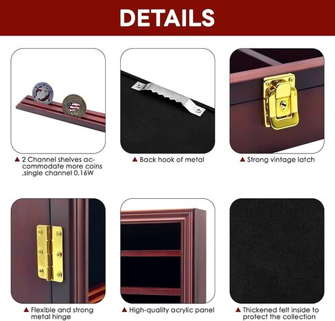 Medals Display Case Wall Frame for Collector, Military Challenge Coins Holder, Military Pins, Lockable Shadow Box with Removable Shelves Red in Saudi Arabia