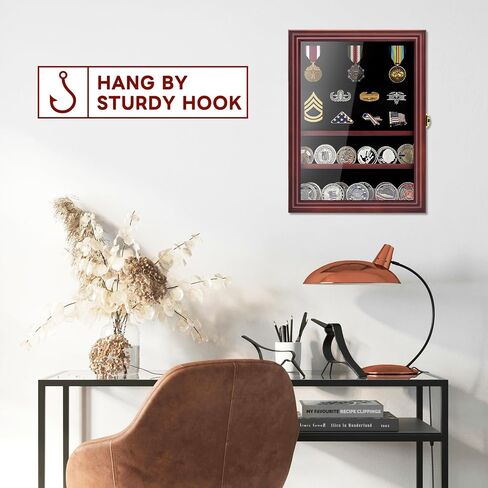 Medals Display Case Wall Frame for Collector, Military Challenge Coins Holder, Military Pins, Lockable Shadow Box with Removable Shelves Red in Saudi Arabia