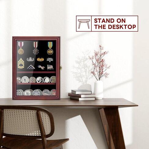 Medals Display Case Wall Frame for Collector, Military Challenge Coins Holder, Military Pins, Lockable Shadow Box with Removable Shelves Red in Saudi Arabia