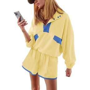 Women Quarter Button Sweatsuits 2025 Oversized Color Block Sweatshirts Sets Shorts Tracksuits Casual 2 Piece Outfits in Kuwait