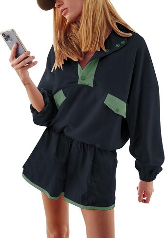 Women Quarter Button Sweatsuits 2025 Oversized Color Block Sweatshirts Sets Shorts Tracksuits Casual 2 Piece Outfits in Saudi Arabia