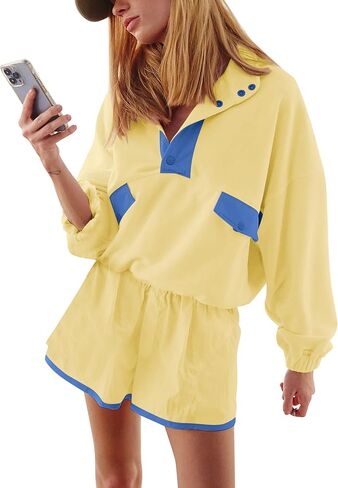 Women Quarter Button Sweatsuits 2025 Oversized Color Block Sweatshirts Sets Shorts Tracksuits Casual 2 Piece Outfits in Kuwait