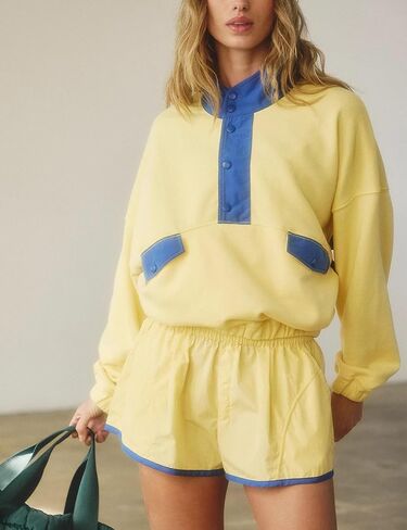 Women Quarter Button Sweatsuits 2025 Oversized Color Block Sweatshirts Sets Shorts Tracksuits Casual 2 Piece Outfits in Kuwait